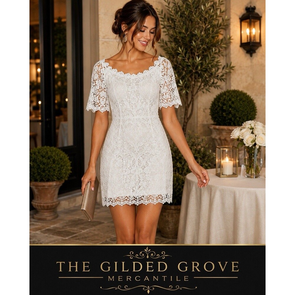 Reyna White Crochet Lace Mini Dress S Bell Sleeve Boho Bridal Cocktail